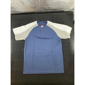 Alleson Athletic Mens M Baseball Jersey Blue‎ Gray White Short Sleeve Button Up